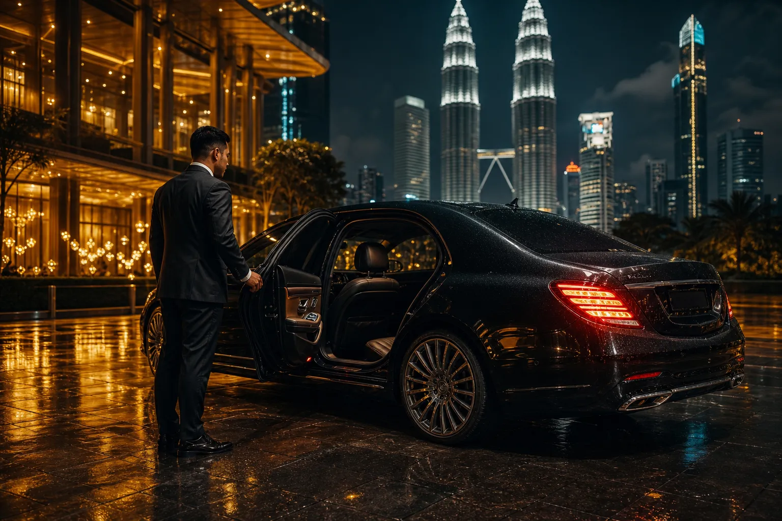 Chauffeur holding open a luxury sedan in Kuala Lumpur at night