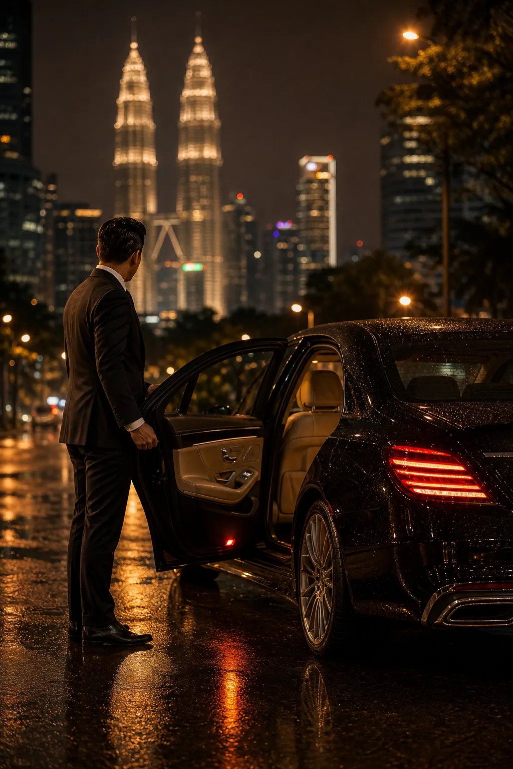 Chauffeur holding open the door of a luxury sedan at dusk in Kuala Lumpur